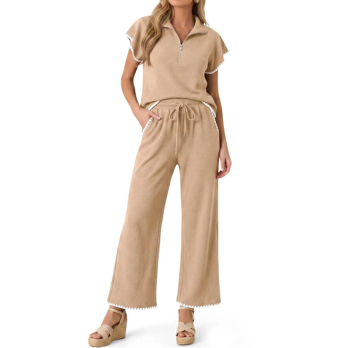 Imily Bela Scalloped Trim Waffle Knit Two Piece Set Women Half‑Zip Top & Wide Leg Pants Casual Lounge Outfit