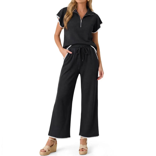 Waffle Knit 2-Piece Lounge Set - Half-Zip Top and Pants