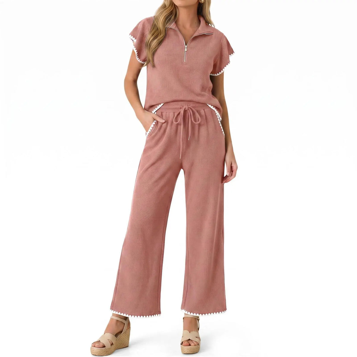 Imily Bela Scalloped Trim Waffle Knit Two Piece Set Women Half‑Zip Top & Wide Leg Pants Casual Lounge Outfit