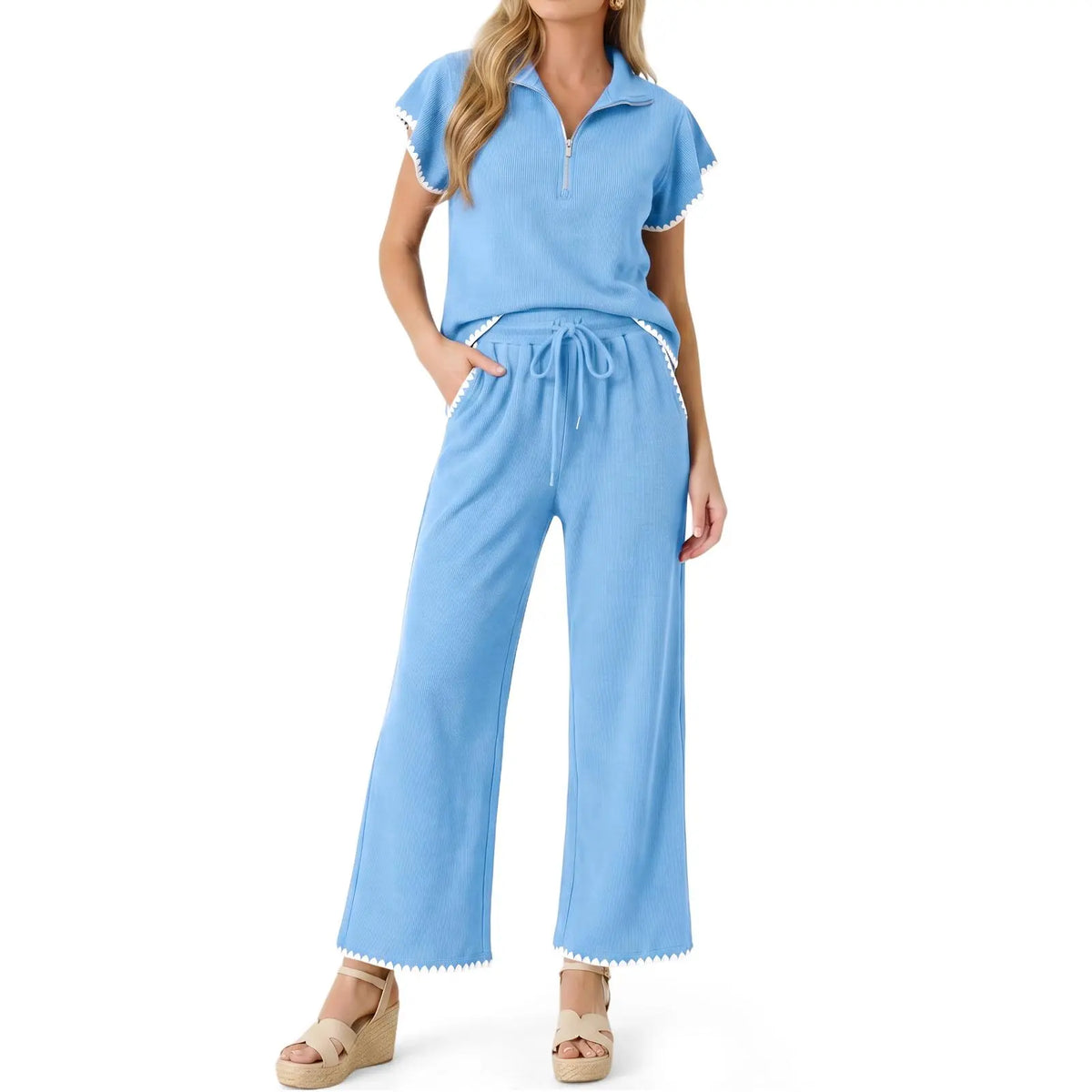 Imily Bela Scalloped Trim Waffle Knit Two Piece Set Women Half‑Zip Top & Wide Leg Pants Casual Lounge Outfit