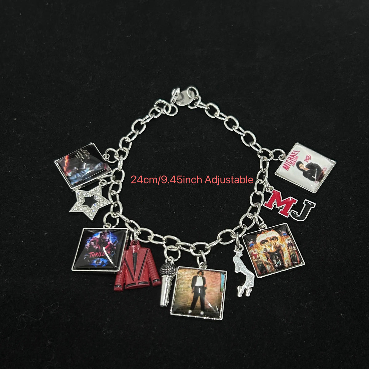 Music Inspired Michael Jackson Charm Bracelet, Vintage Link Chain Bracelet with Microphone, Jacket & Album Charms, Unisex Fan Gift, Back to School