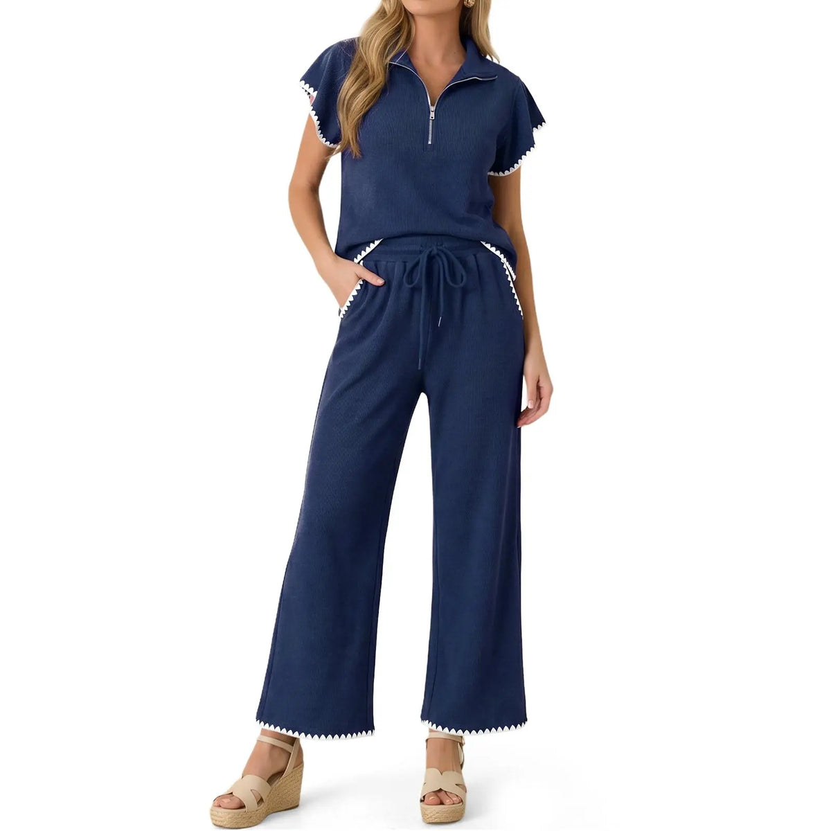 Imily Bela Scalloped Trim Waffle Knit Two Piece Set Women Half‑Zip Top & Wide Leg Pants Casual Lounge Outfit